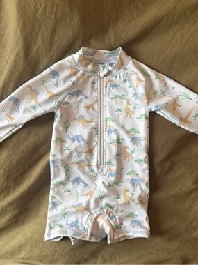 Janie and Jack White Long-Sleeve Dino Print Rashguard - Blue & Tan